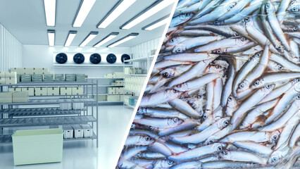 Frozen fish store. Warehouse with boxes. Warehouse of fish production. Freezing technologies. Food...
