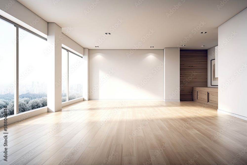 Poster illustration of an empty room with panoramic city view through large windows. generative ai