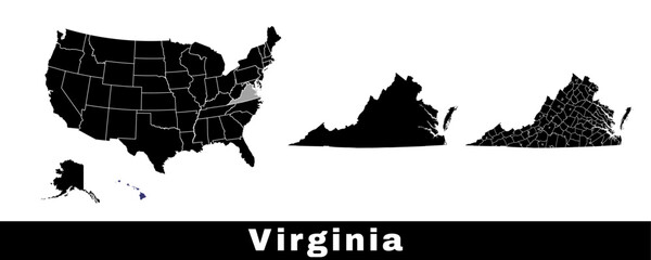 Virginia state map, USA. Set of Virginia maps with outline border, counties and US states map. Black and white color.