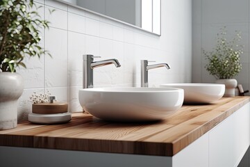 modern bathroom with double white sinks on a wooden countertop. Generative AI