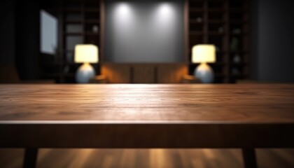 Fototapeta premium Dark rustic living room with empty table for product display. Generative AI