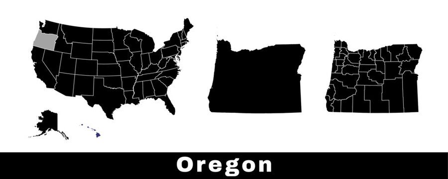 Oregon state map, USA. Set of Oregon maps with outline border, counties and US states map. Black and white color.