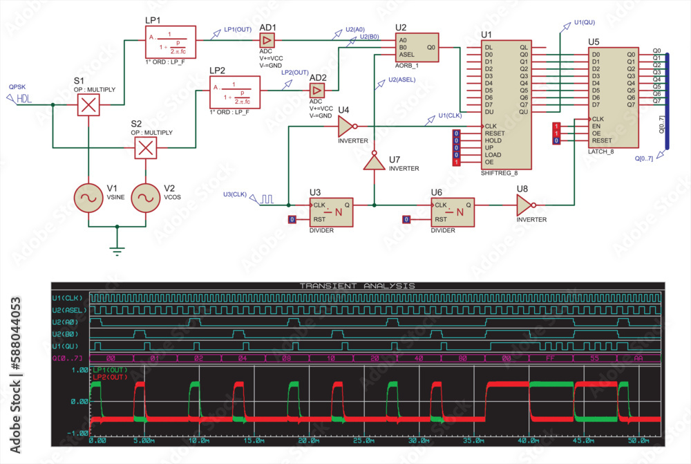 Poster schematic diagram of electronic device (demodulator). vector drawing electrical circuit with integra