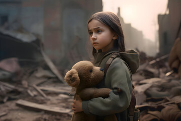 A girl with a children's toy teddy bear stands in the middle of a house damaged by war or an earthquake, Generative AI 4