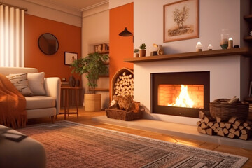 Modern interior design of the living room with fireplace. Super photo realistic background, generative ai illustration