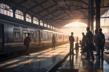 Illustration of a busy train station with people waiting for their train to arrive. Ai generated.