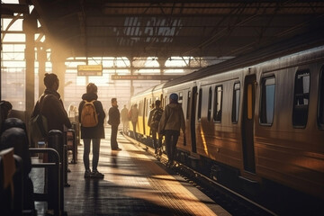 Illustration of a busy train station with people waiting for their train to arrive. Ai generated.