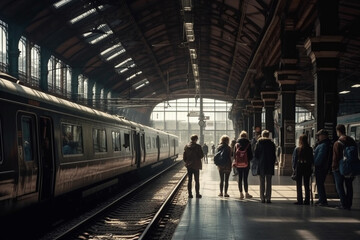 Illustration of a busy train station with people waiting for their train to arrive. Ai generated.