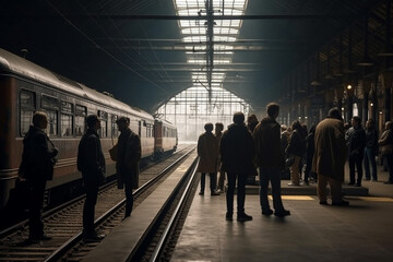 Illustration of a busy train station with people waiting for their train to arrive. Ai generated.
