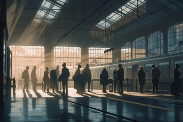 Illustration of a busy train station with people waiting for their train to arrive. Ai generated.