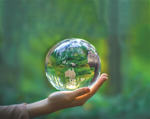 Human hand holding planet earth on green background. International Mother Earth Day concept....