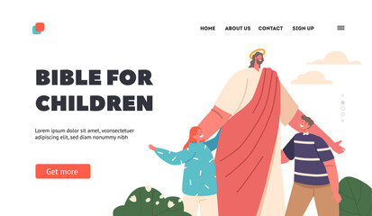 Bible for Children Landing Page Template. Jesus Character Stand On Meadow With Children Around Him. Kindness, Love