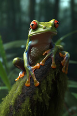 Naklejka premium Frog with large dramatic eyes sits on a tree trunk with mossy bark, and lush foliage, the leaves are covered with raindrops. a beautiful natural environment surrounded by jungle. Generative AI