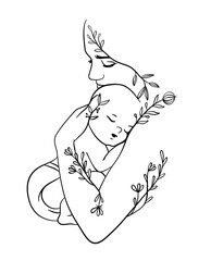 Mom and baby with leaves. Newborn. Minimalistic silhouette of woman holding baby. Vector illustration.