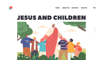 Jesus and Children Landing Page Template. Peaceful Meadow Scene Jesus Christ Surrounded By Smiling Kids