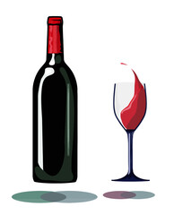 A bottle and a glass of splashing wine hover inches above their own shadows in this interesting take on red wine. This is a vector illustration.