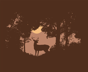 A deer is seen silhouetted in front of a setting sun and surrounded by trees in a 3 color graphic vector earth toned image.