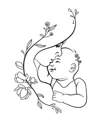 Mom and baby with leaves. Newborn. Minimalistic silhouette of woman holding baby. Vector illustration.