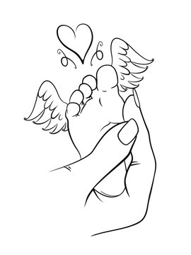 Baby loss memorial. Baby foot in adults hand. Baby foot with angel wings. Vector illustration.