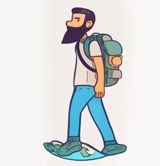 illustration of a bearded man with a backpack walking on the road.