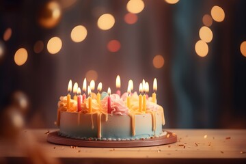 Naklejka na ściany i meble a birthday cake with lit candles on a table with blurry lights in the background. generative ai