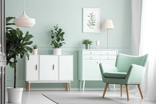 modern living room with mint green walls and white furniture. Generative AI