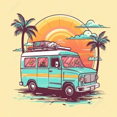 Vintage, retro surf van with palms, sun and a gull. Handdrawn t-shirt graphics, print. Vector illustration. Generative Ai.