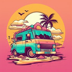 Vintage, retro surf van with palms, sun and a gull. Handdrawn t-shirt graphics, print. Vector illustration. Generative Ai.