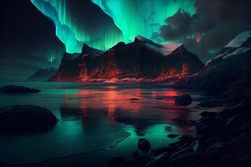 Colorful northern light aurora, borealis with red and green flames over the sky