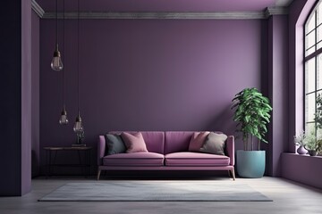cozy living room with a vibrant purple couch and a lush potted plant as a centerpiece. Generative AI