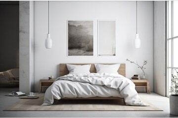 cozy bedroom with a king-sized bed and an art piece hanging on the wall. Generative AI