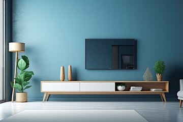 cozy living room with blue walls and furniture. Generative AI