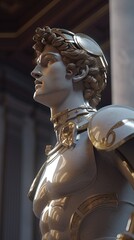Obraz premium Une sculpture de guerrier mecha robot grec stoïque avec des touches de marbre et d'or