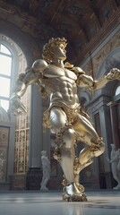 Fototapeta na wymiar Une sculpture de guerrier mecha robot grec stoïque avec des touches de marbre et d'or