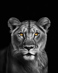 Generated portrait of a lioness with yellow eyes in black and white format
