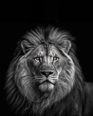 Generated portrait of a lion with a lush mane on a black background in black and white format