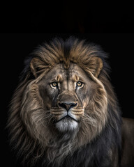 Fototapeta na wymiar Generated portrait of a lion with a lush mane on a black background