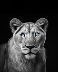 Fototapeta na wymiar Generated portrait of a lioness with blue eyes in black and white format