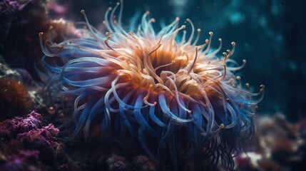 Fototapeta na wymiar anemone in an aquarium with blue and orange colors. generative ai