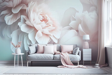 Cozy and warm resting place with soft colors and blurred style paintings on the wall. An unusual sofa on legs, pillows, blanket and lamp A pastel-colored gradient. Fashion color trends. Soft focus