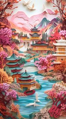 Obraz premium Artisanat kirigami en papier multidimensionnel, illustration en papier, illustration chinoise sur fond blanc