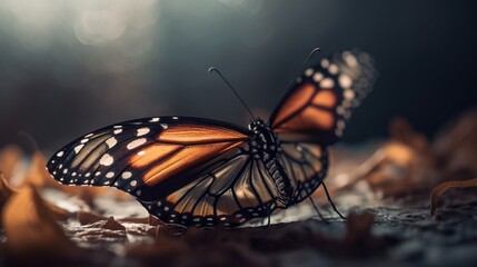 Fototapeta na wymiar two monarch butterflies sitting on top of a leaf covered ground. generative ai