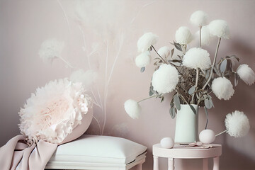 Cozy and warm place with soft colors and blurred style paintings on the wall. An unusual vase and flowers. A pastel-colored. Fashion color trends. Soft focus