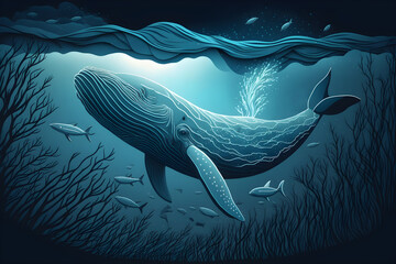 Whale in water with fish. Hand drawn illustration. A ready illustration for a book. A fairy tale character