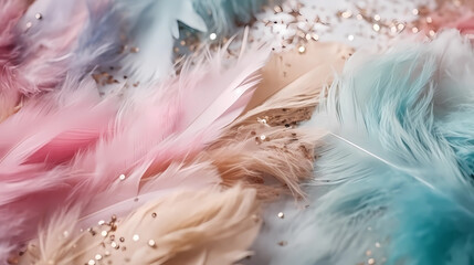 fluffy pastel colored velvet background feathers with glitter. Generative AI