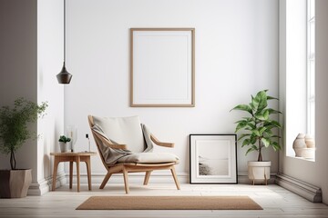 cozy living room with a comfortable armchair and a decorative picture frame. Generative AI