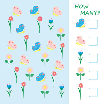 Educational math game for kids. Bright illustration with flowers and butterflies.
