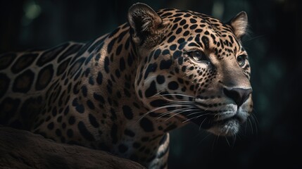 Fototapeta na wymiar a close up of a leopard on a rock in the dark. generative ai