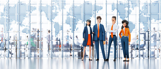 Group of business people stand next to glass wall in the office of international company. 3D rendering illustration