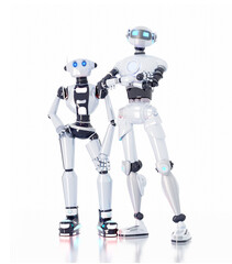 Friendly robots posing and looking to camera. 3D rendering illustration	